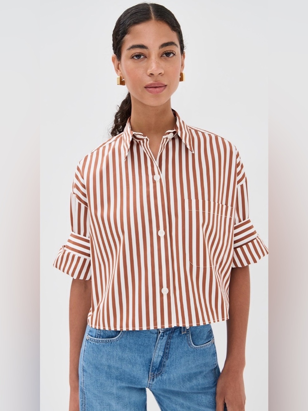 TWP Next Ex Buttondown Collared Cropped Shirt Ivory/Cognac Size M/L